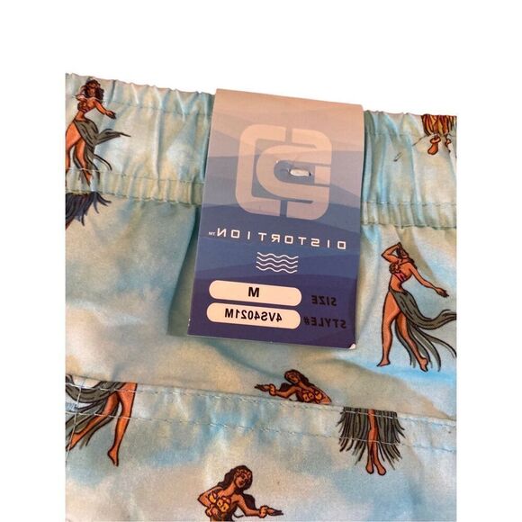 Distortion  NWT, UPF, 50 mins, blue, Hawaiian girl, print swim trunks, size medi - Picture 3 of 5